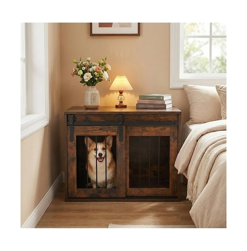 Ruie Heavy-Duty Dog Crate Furniture with Sliding Barn Door End Table