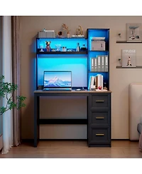 Vlsrka Modern Home Office Desk Led Lit with Drawers and Bookcase