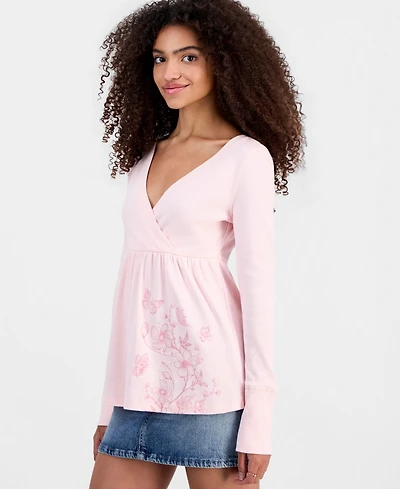 Madden Girl Juniors' Printed Long-Sleeve Babydoll Top