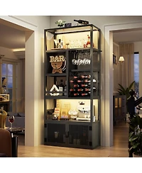 Aheaplus Tall Wine Bar Cabinet with Led Light and Charging Station, 7-Tier