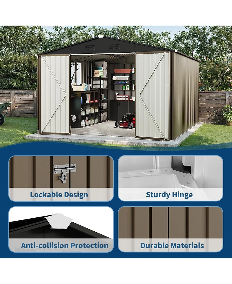 GarveeLife Outdoor Metal Storage Shed with Floor Frame Clear Window and Lockable Doors for Garden Backyard and Patio Use