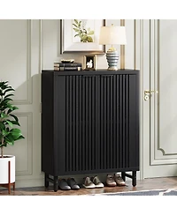 Slickblue Wooden Shoe Organizer with Adjustable Shelves and Louvered Doors