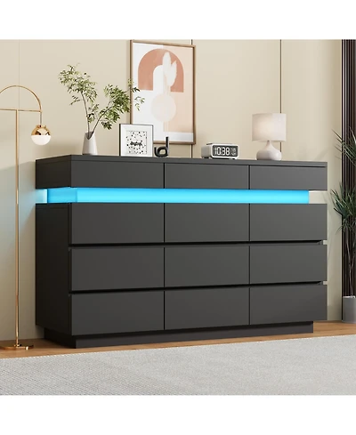 gaomon 59" 12 Drawer Dresser with Led Lights, Wooden Storage Cabinet, Handle-Free, Anti-Tipping, for Bedroom