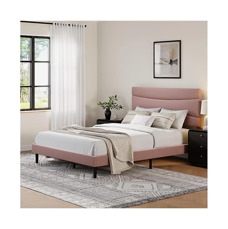 gaomon Queen Upholstered Bed Frame with Soft Pink Padded Headboard, Metal Slat Support, Noise-Free, Heavy-Duty