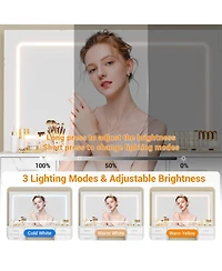 gaomon Vanity Desk with Large Led Mirror, 7 Drawers, Power Outlets, Usb Ports, Hair Dryer Holder, 3-Mode Lighting, Stool, Cabinet