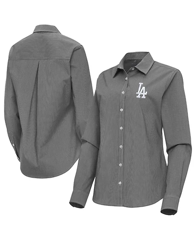 Antigua Women's Black Los Angeles Dodgers Porter Woven Long Sleeve Button-Up Shirt