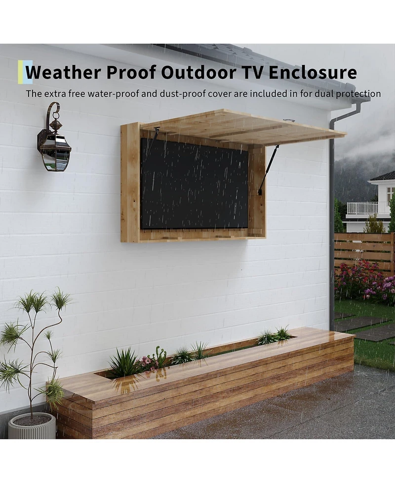 homfan Waterproof Wooden Outdoor Tv Enclosure for 44-55inch TVs, Fold-Up Door with Adjustable Telescopic Bracket, Wall-Mounted Storage Cabinet
