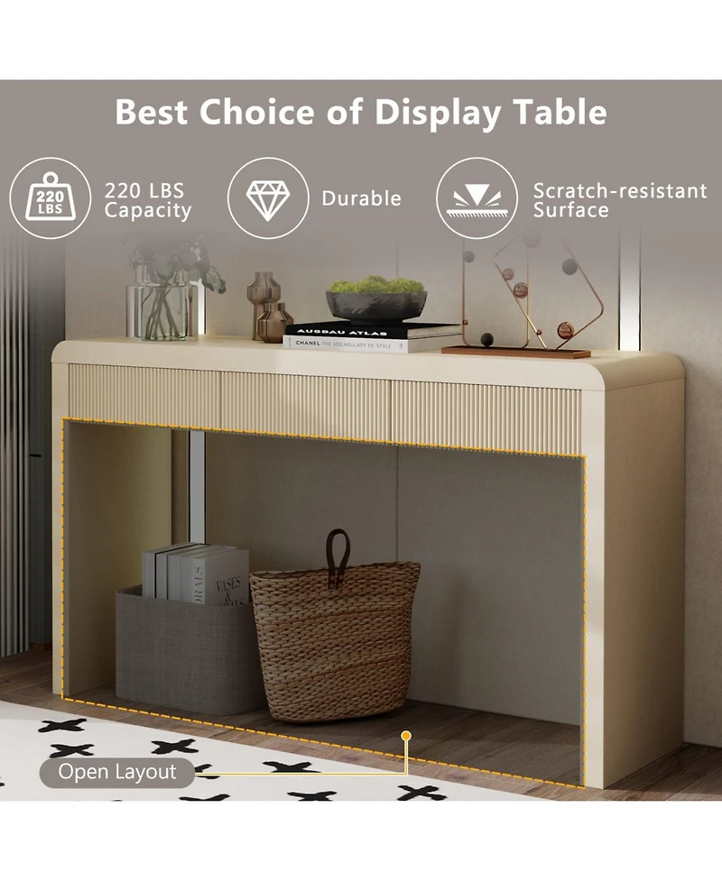 Rainsken 55" Curved Rustic Entryway Table, with 3 Fluted Drawers, Featuring Natural Wood Grain, for Living Room, Hallway,