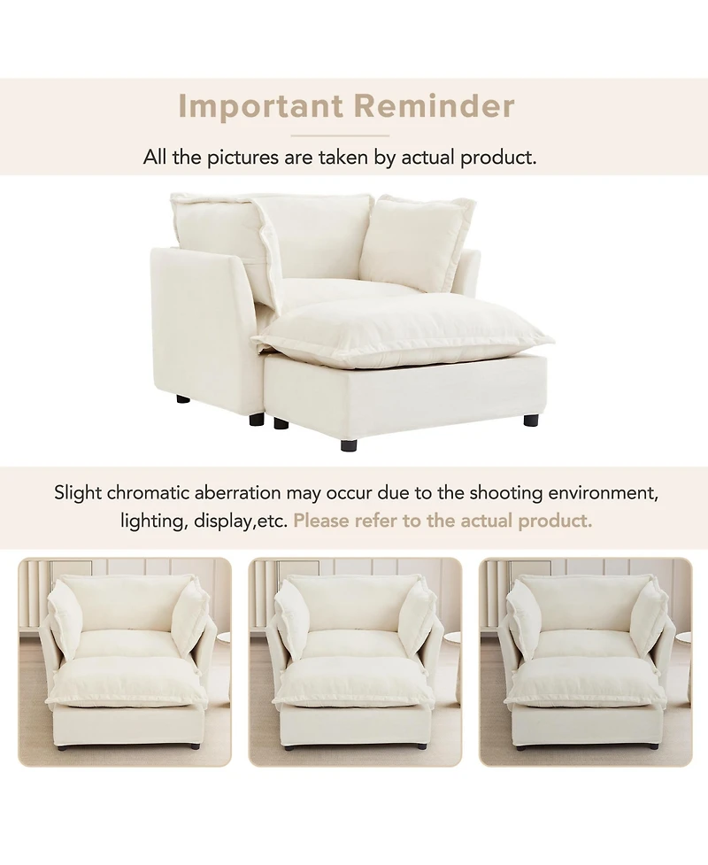 Rainsken Modern Single Sofa with Movable Ottoman, 47" Cozy Upholstered Chair Wide Seat, Curved Armrests and Soft Pillows for Living Room