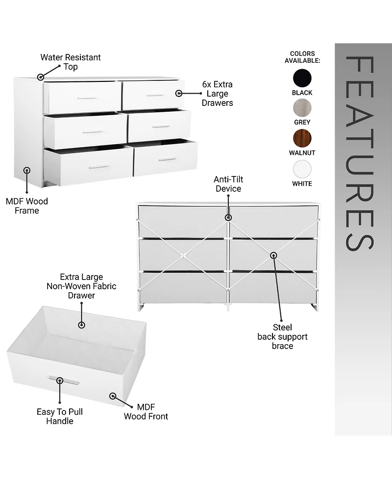 Rainsken Modern 6-Drawer Dresser with Large Fabric Drawers and Sturdy Wood Frame