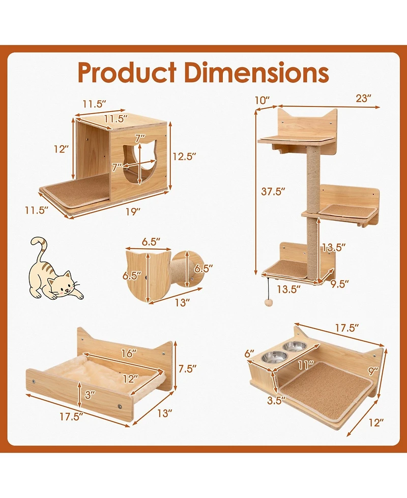 Cozito 6 Piece Cat Wall Furniture Set with Wall Mounted Shelves and Bowls