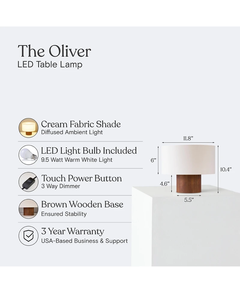 Brightech Oliver Modern Wood Led 3-Way Dimmable Table Lamp (10")