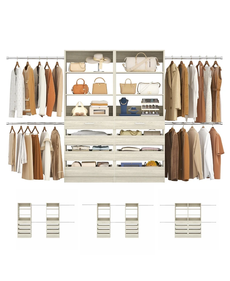 Aheaplus Closet System with 8 Wooden Drawers and 4 Hanging Rods, Organizer
