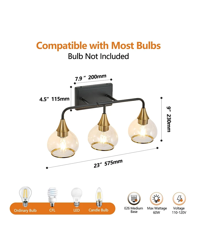 Busdays 23 Inch Modern 3 Light Vanity Wall Sconce and Bathroom Light Fixture Glass Shades Industrial Wall Mount for Mirror Vanity Living No Bulb