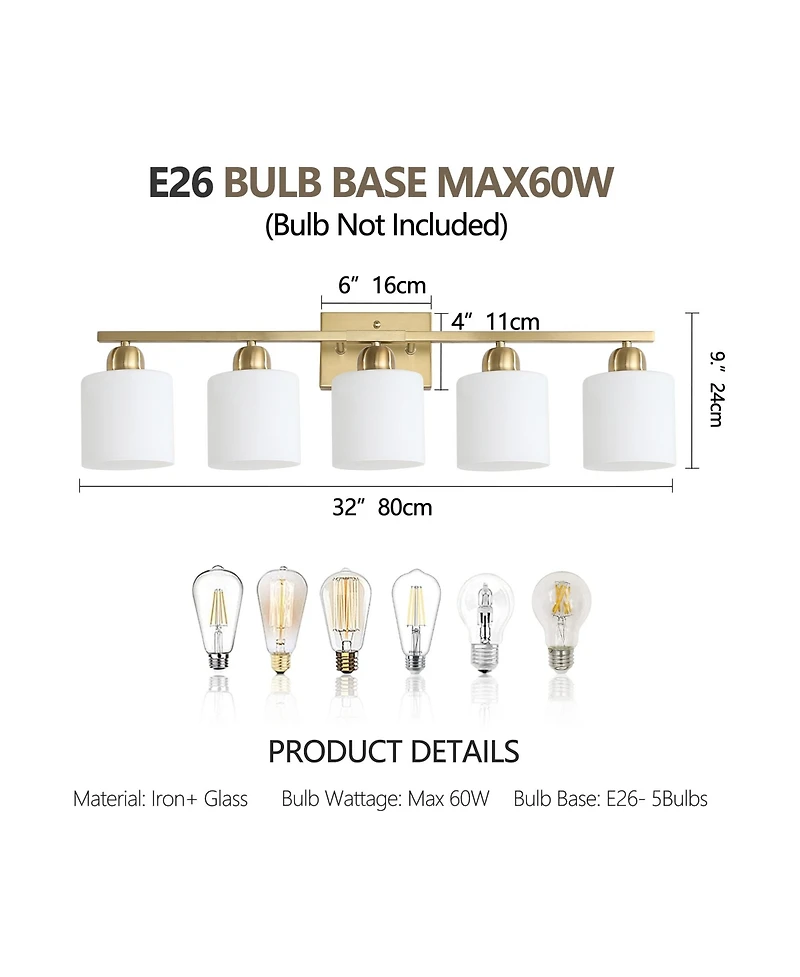 Busdays 5 Light Modern Bathroom Light Fixture Vanity Light Over Mirror Wall Sconce Frosted Glass Shades E26 Socket Bulbs Not Included