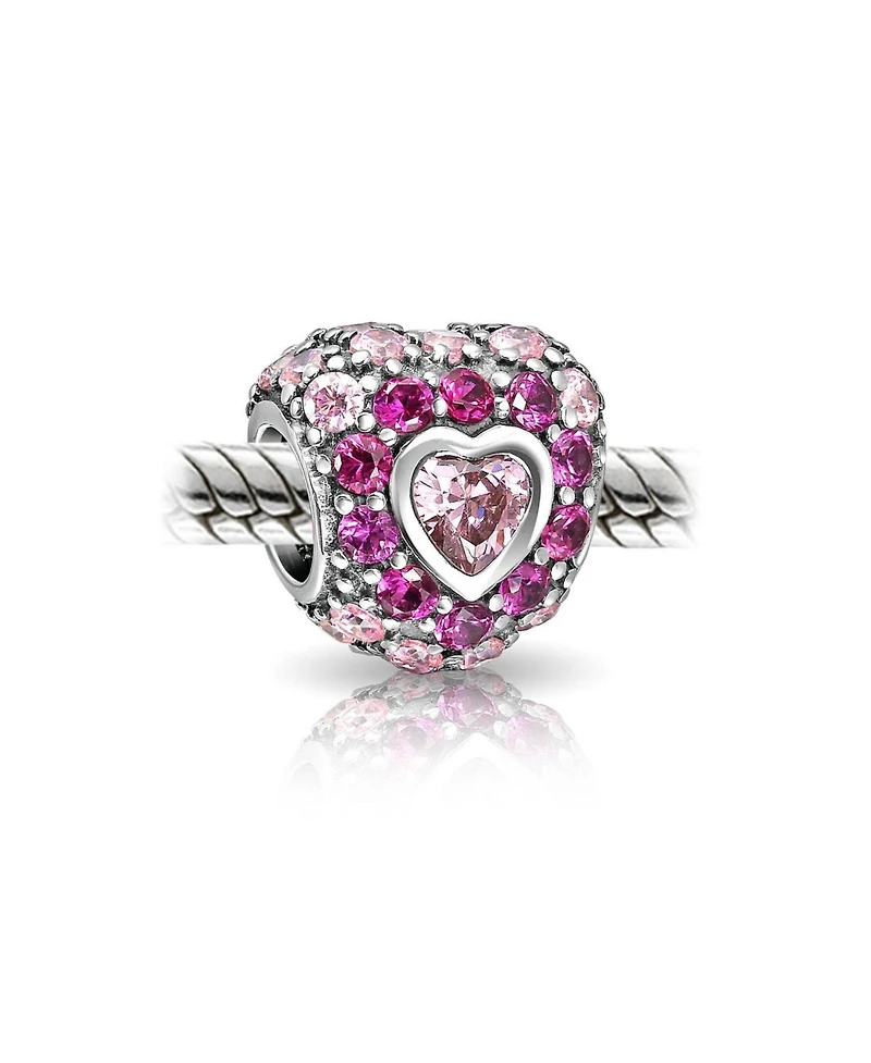 Bling Jewelry Romantic Cubic Zirconia Cz Pave Heart Charm Bead .925 Sterling Silver Fits European Bracelet