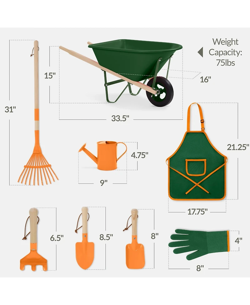 Best Choice Products Kids Gardening Tool Set 8 Piece with Wheelbarrow, Metal Tools, Apron, Gloves Ages 3+