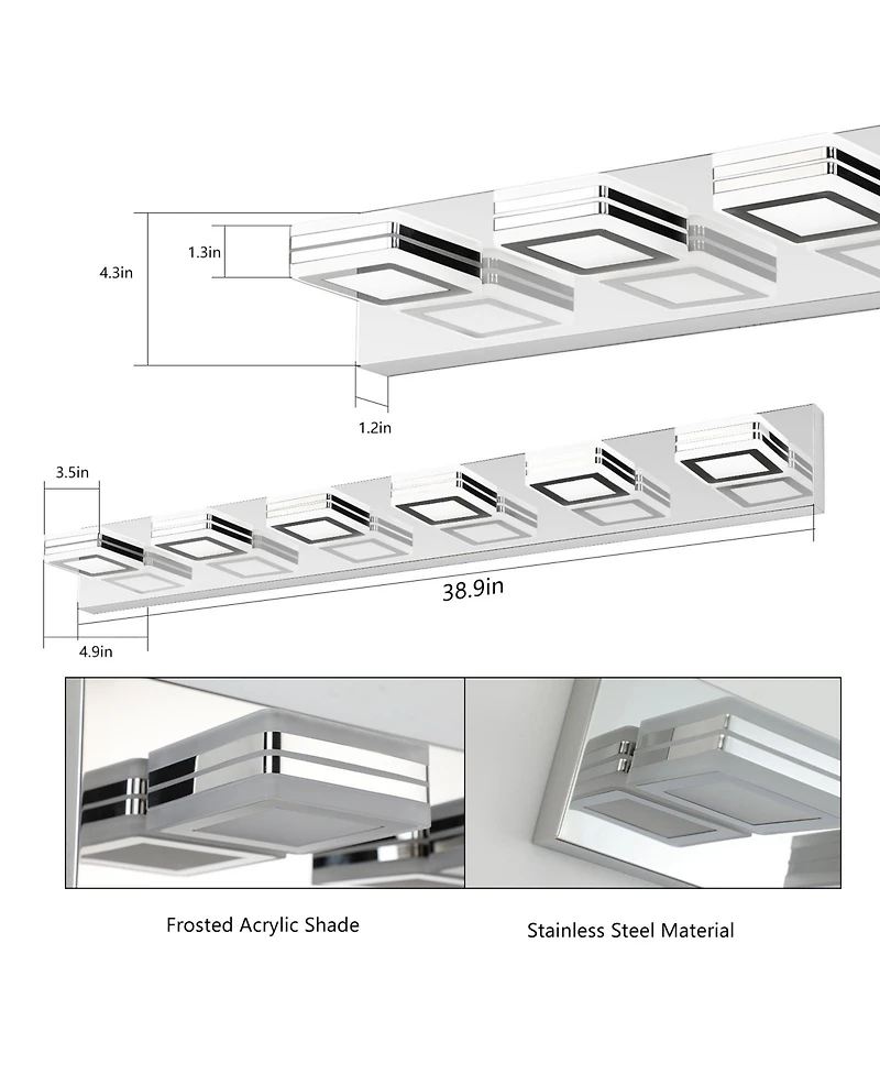 Busdays 39 Inch Modern Led Vanity Light 6 Lights Square Acrylic Lampshades Wall Mount Bathroom Mirror Lighting Fixture