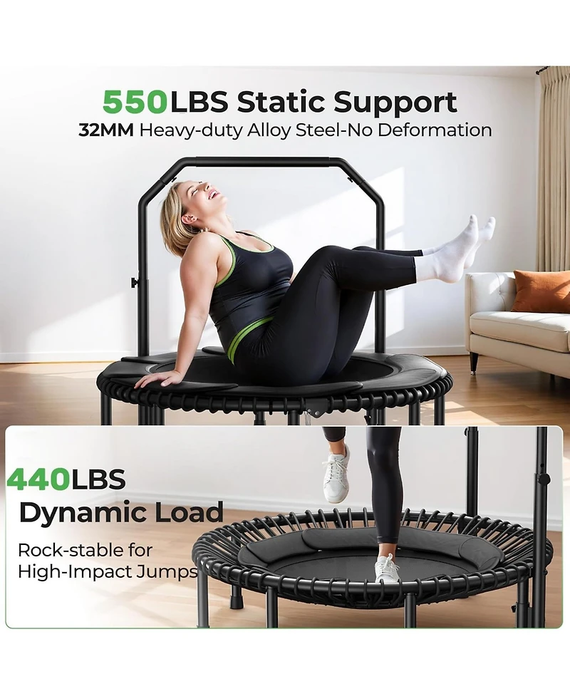 Bcan 2026 Upgraded Mini Rebounder Trampoline for Adults with Bar, Fitness Trampoline with Bungees, Adjustable Handle, 40/48 Inches