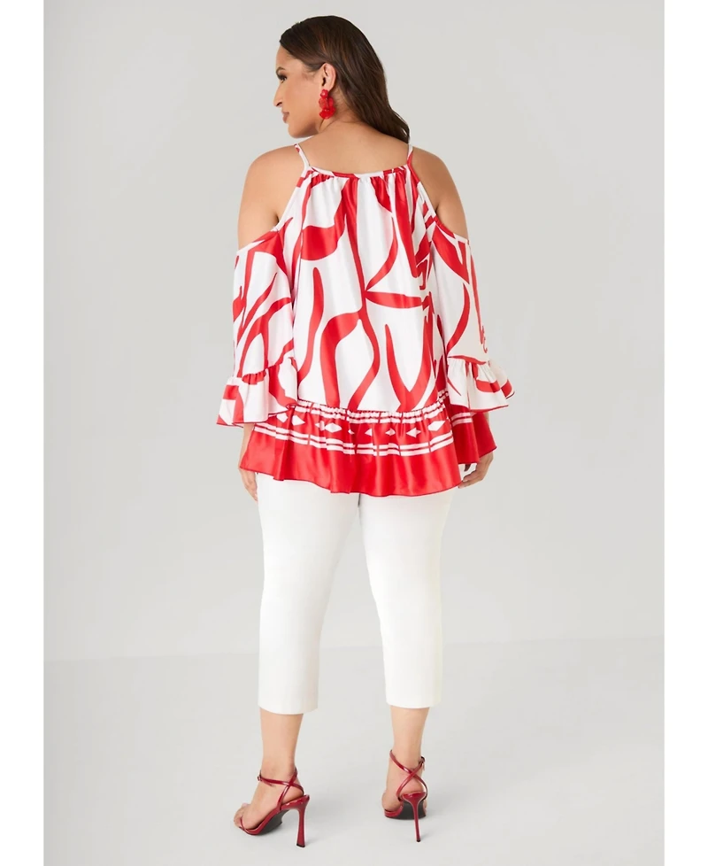 Ashley Stewart Women's Cold Shoulder Printed Satin Blouse