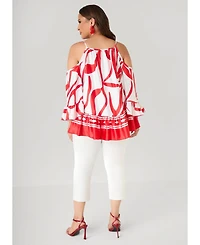 Ashley Stewart Women's Cold Shoulder Printed Satin Blouse