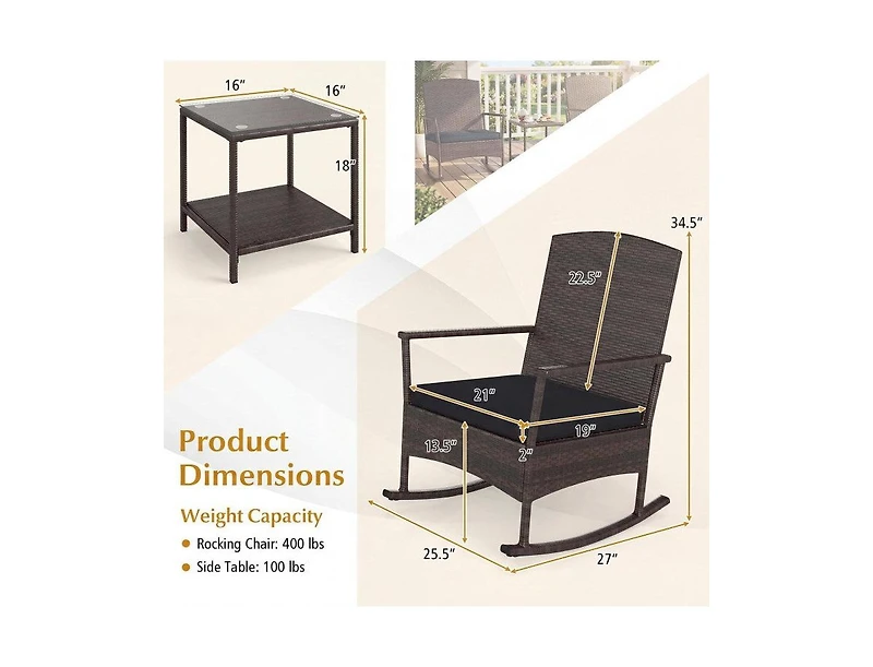 Lucky One 3 Piece Patio Rocking Bistro Set with Cushions 2 Tier Table Rattan Furniture