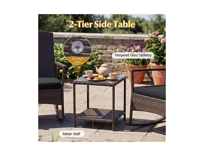 Lucky One 3 Piece Patio Rocking Bistro Set with Cushions 2 Tier Table Rattan Furniture