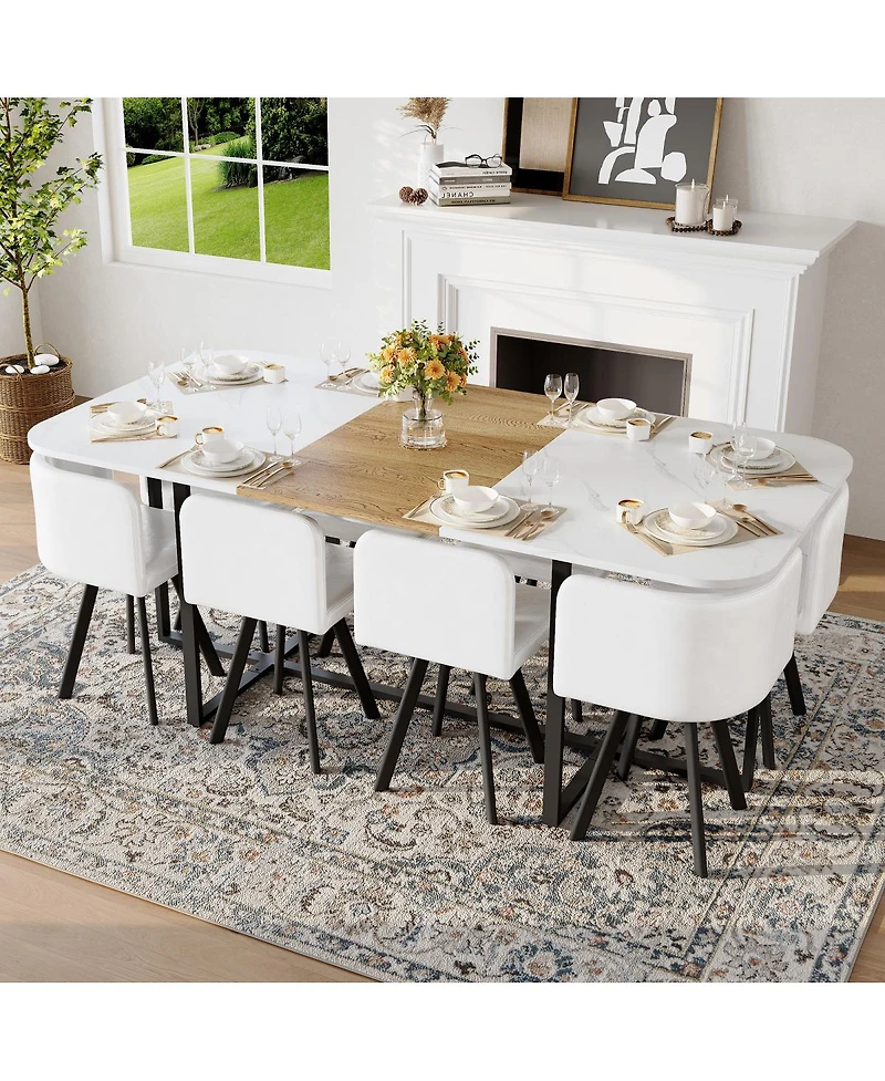 Streamdale Furniture 9 Piece Square Faux Marble Dining Set with 8 Faux Leather Chairs