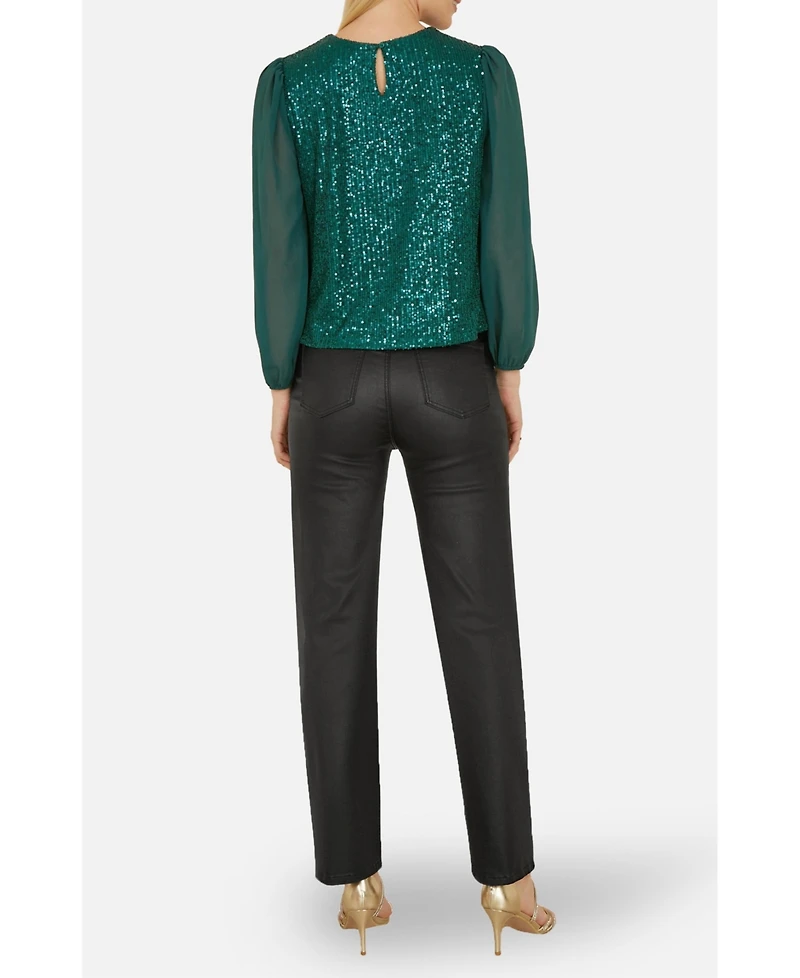 Yumi Women's Sheer Sleeve Sequin Top