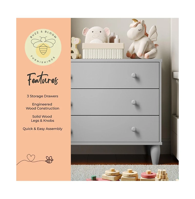 Small Kids 3-Drawer Wood Dresser Chest for Bedrooms