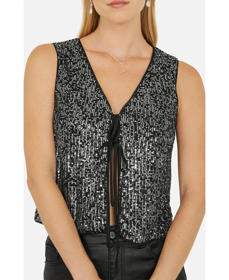 Yumi Women's Sequin Tie Front Waistcoat Top