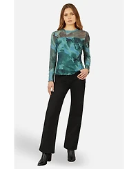 Yumi Women's Long Sleeve Floral Mesh Top