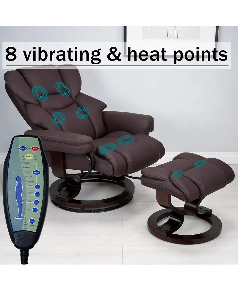 Streamdale Furniture 8 Point Heated Massage Recliner with Ottoman and Bent Wood Base