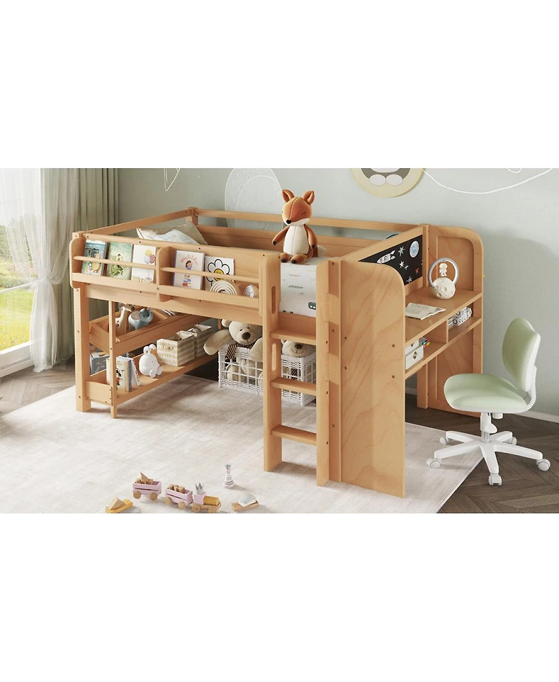 Streamdale Furniture Solid Wood Low Loft Bed with Desk, Storage, and Blackboard