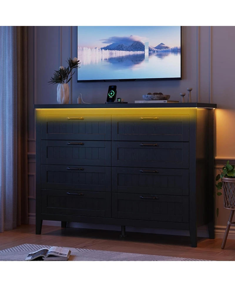 gaomon Farmhouse 5 Drawer Dresser with Charging Station and Led Lights, Slim Wooden Bedroom Dresser