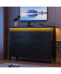 gaomon Farmhouse 5 Drawer Dresser with Charging Station and Led Lights, Slim Wooden Bedroom Dresser