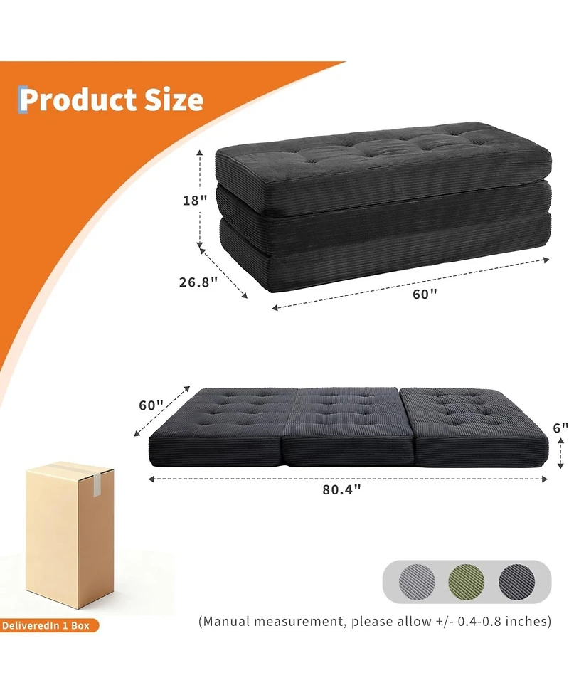 gaomon Corduroy Queen Tri-Folding Sofa Bed and Compressed Mattress - Multifunctional Floor Folding Couch for Small Apartment, Home Office