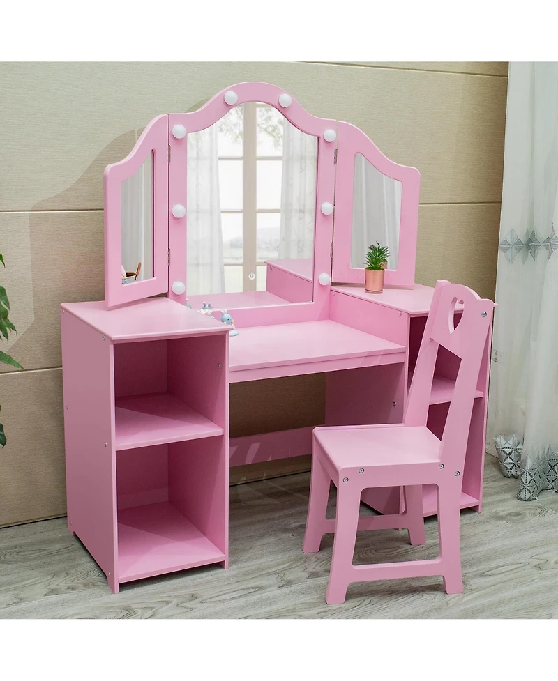 gaomon Princess Vanity Table and Chair Set for Girls, Tri-Folding Mirror with Touch Light, Convertible Desk Storage