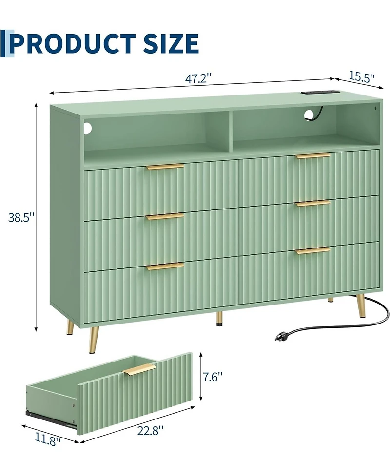 gaomon 6 Drawers Dresser for Bedroom, Dressers with Led Lights and Charging Station, Curved Profile Design, Fluted Wood Handle