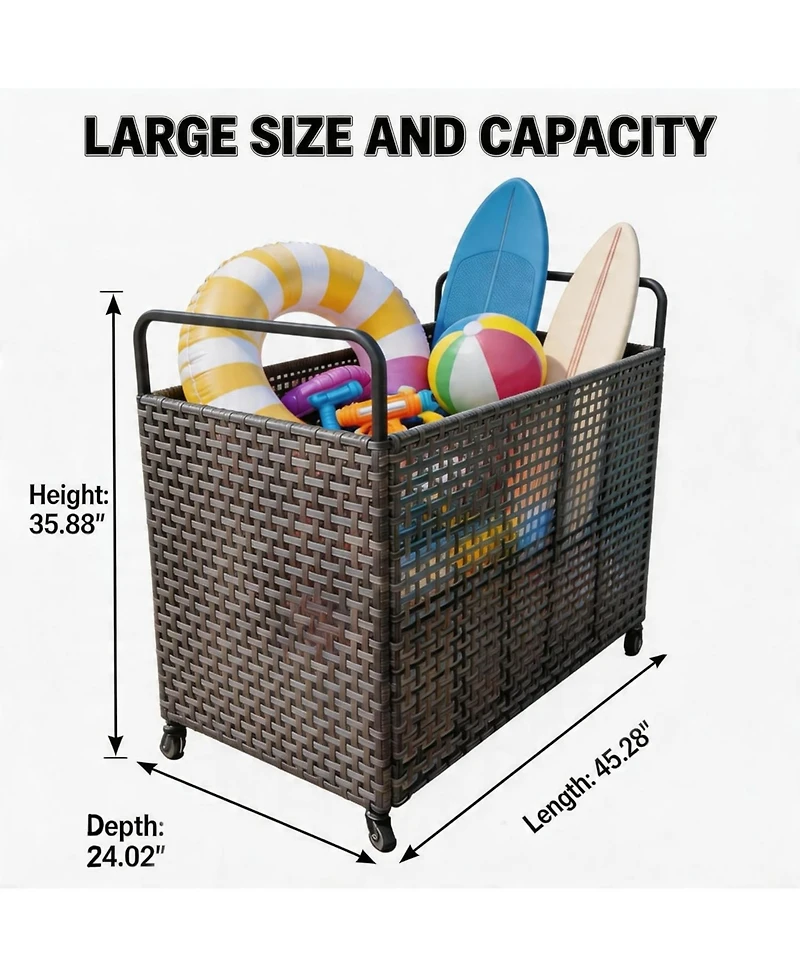 gaomon Poolside Rattan Storage Organizer, Outdoor Storage Bin with 2 Sides Handle, Pool Float Storage Holder with Mesh Rolling for Pool Noodles, Toys