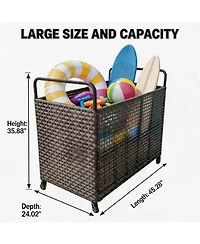 gaomon Poolside Rattan Storage Organizer, Outdoor Storage Bin with 2 Sides Handle, Pool Float Storage Holder with Mesh Rolling for Pool Noodles, Toys
