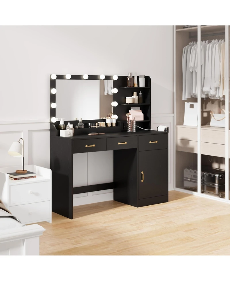 gaomon Vanity Desk with Lighted Mirror and Charging Station, Wooden Makeup Vanity Table with 11 Dimmable Bulbs, 3 Drawers, Cabinet, Open Shelves