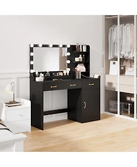 gaomon Vanity Desk with Lighted Mirror and Charging Station, Wooden Makeup Vanity Table with 11 Dimmable Bulbs, 3 Drawers, Cabinet, Open Shelves