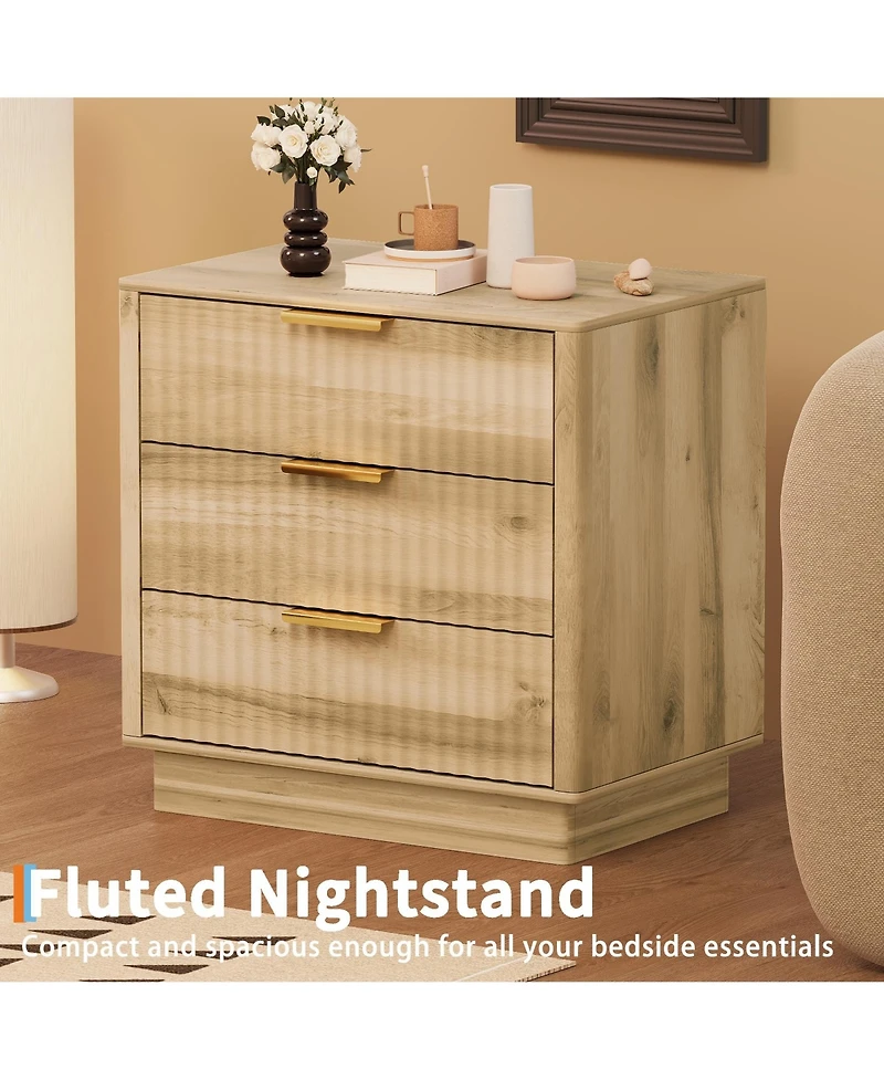 gaomon Fluted Nightstand set of 2, Wood Nightstand with 3 Drawers Storage Bedside Table Large Fluted Bed Side End Table, Modern Nightstand for Bedroom