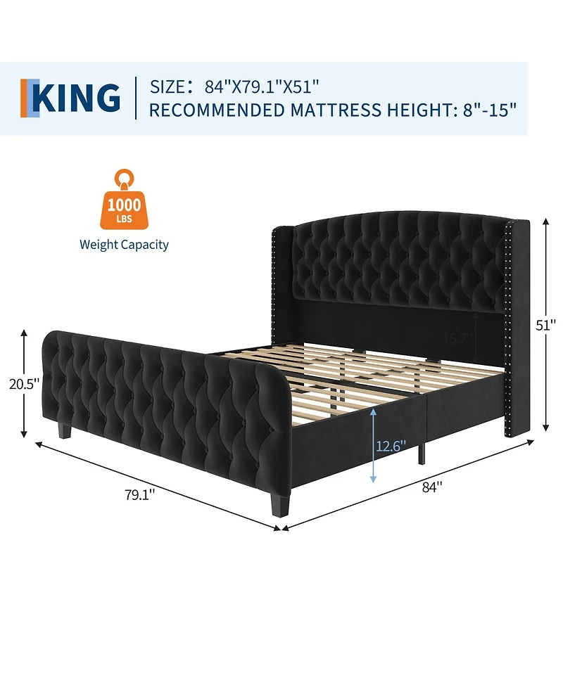 homfan Bed Frame with 51" Tall Tufted Wingback Headboard and Footboard, Soft Fabric Upholstery, Wood Slats, Noise-Free, No Box Spring Needed