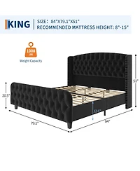 homfan Bed Frame with 51" Tall Tufted Wingback Headboard and Footboard, Soft Fabric Upholstery, Wood Slats, Noise-Free, No Box Spring Needed