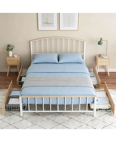 homfan Metal Platform Bed Frame, Four Wheeled Wooden Drawers, Headboard and Footboard, Steel Slat Support, Noise-Free, No Box Spring Required
