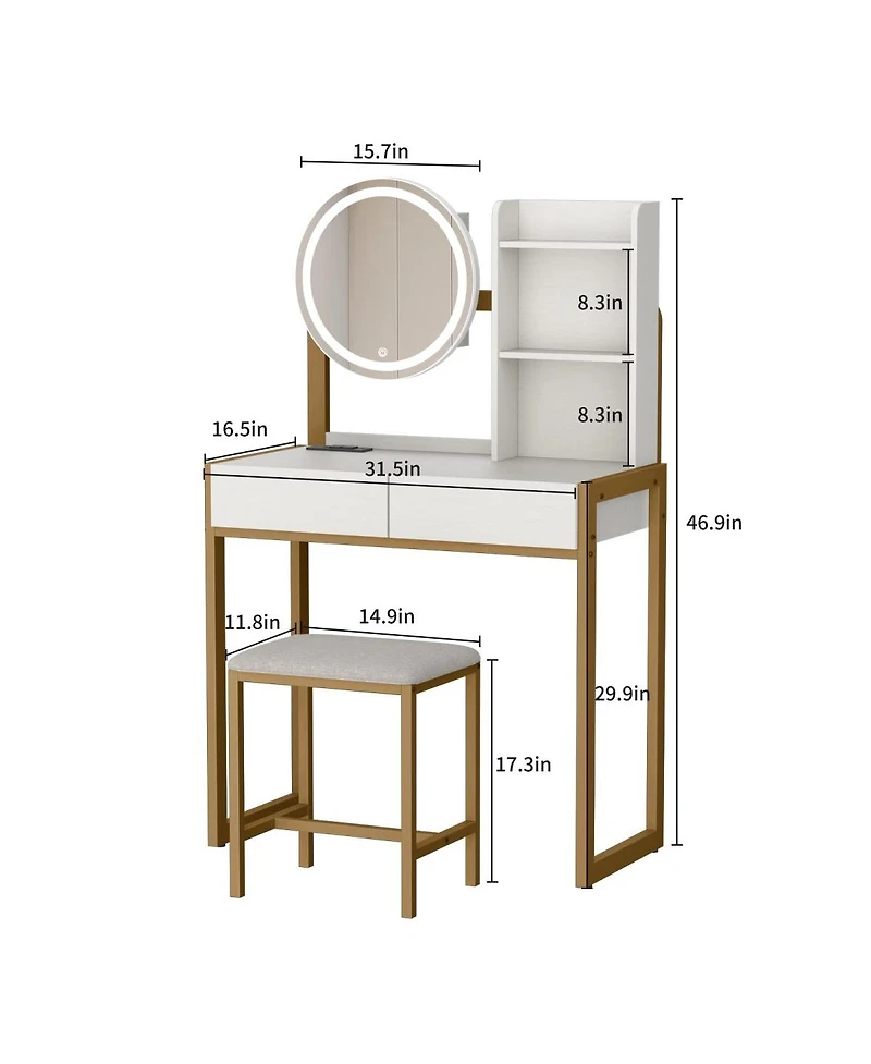 Streamdale Furniture Small Vanity Desk with Led Mirror, Power Outlet, and Stool