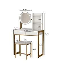 Streamdale Furniture Small Vanity Desk with Led Mirror, Power Outlet, and Stool