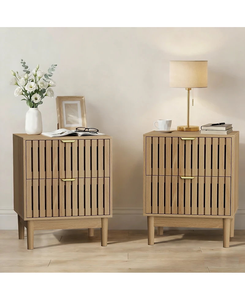 Streamdale Furniture Mid-Modern Oak Bedside Table with Grille Design, 2-Drawer Set